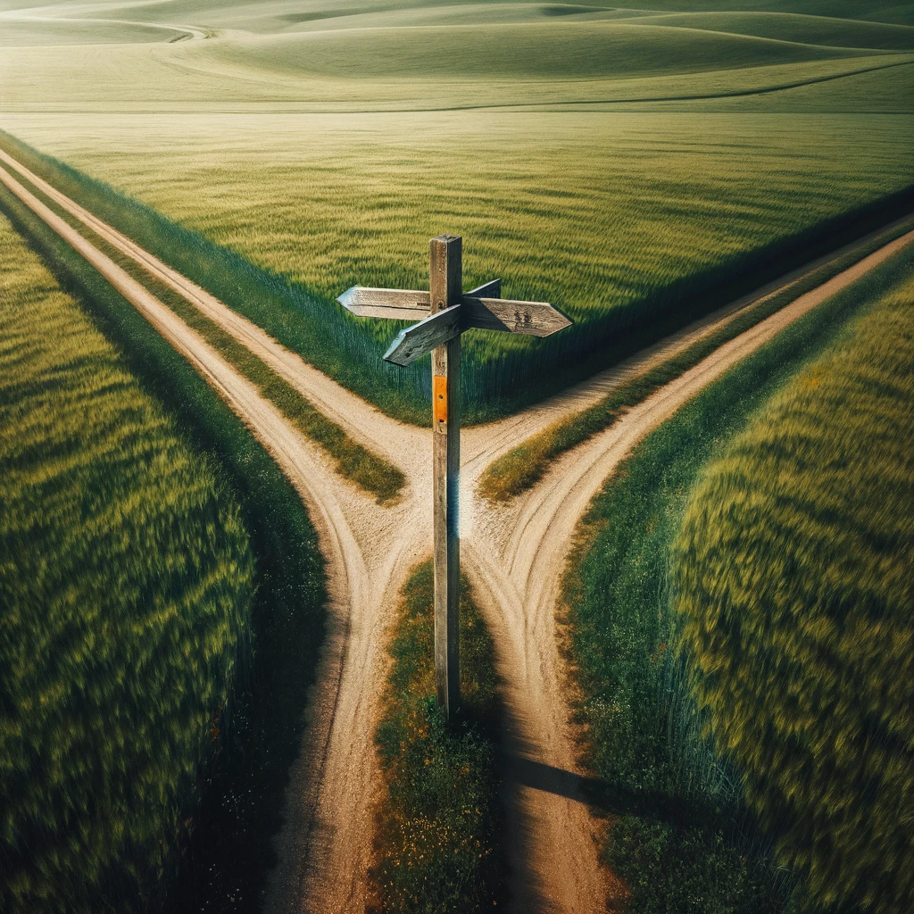DALL·E 2024-01-24 00.23.49 - An aerial view of a crossroads in an open field, featuring a crossroads sign at the front. The scene shows two diverging paths in the middle of a vast.png
