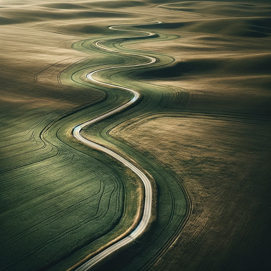 DALL·E 2024-01-24 00.24.33 - An aerial view of a single path in an open field. The scene is captured from above, showing a long, winding path meandering through a vast, open field.png