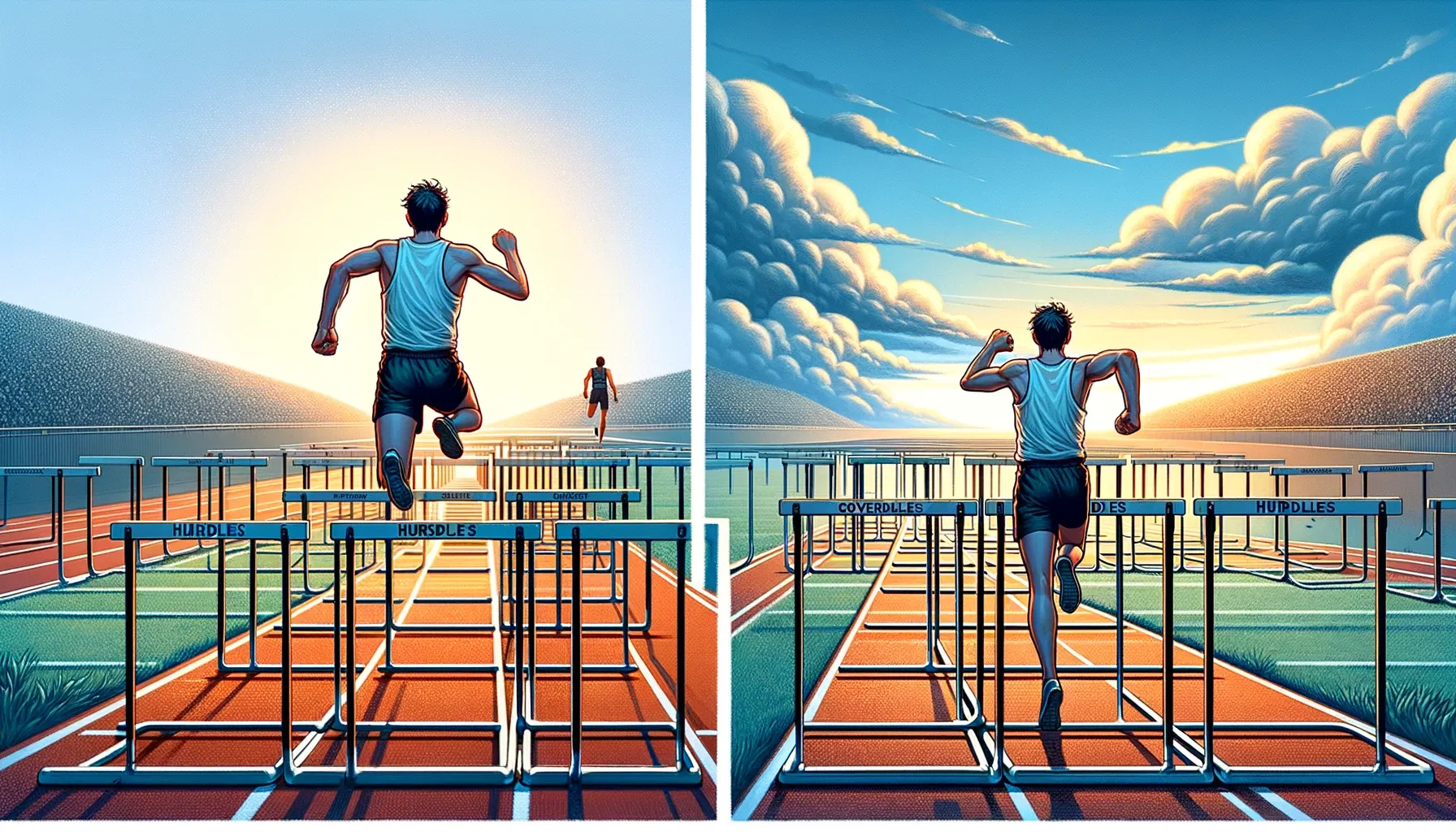 DALL·E 2024-01-24 00.55.25 - Two scenes, side by side, illustrating the metaphor of overcoming hurdles. In the first scene, depict a runner who has effortlessly overcome a very hi.png